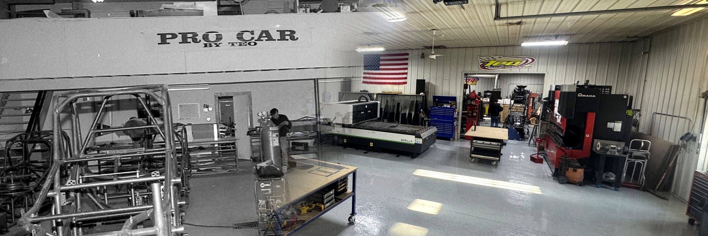 The shop floor fading from our previous building in black and white to today's floor in color