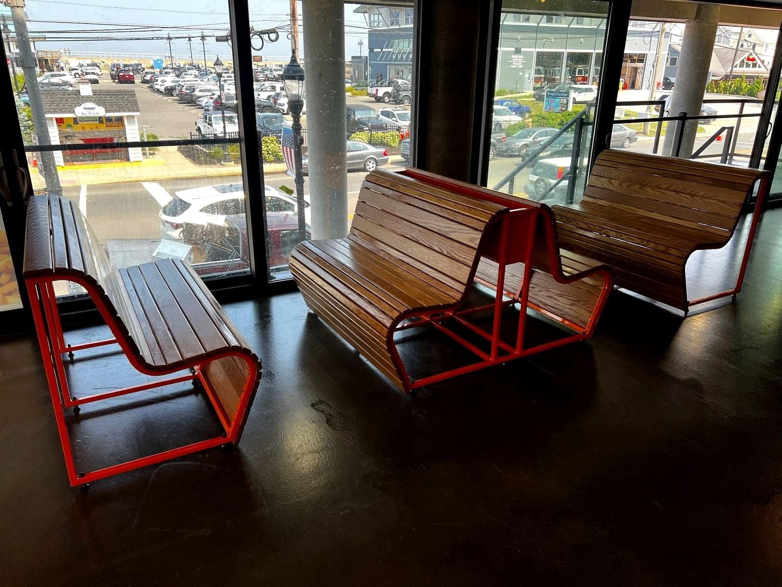 Steel framed public seating benches